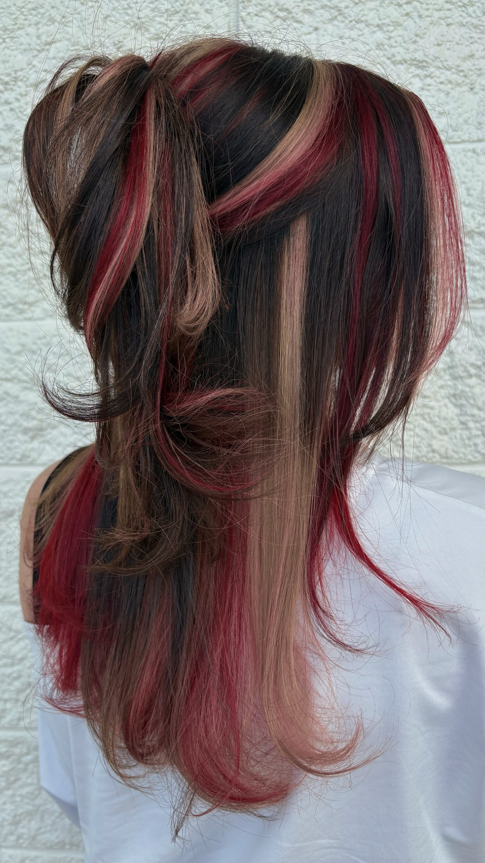 Dynamic Black and Burgundy Chunky Highlights with Textured Layers