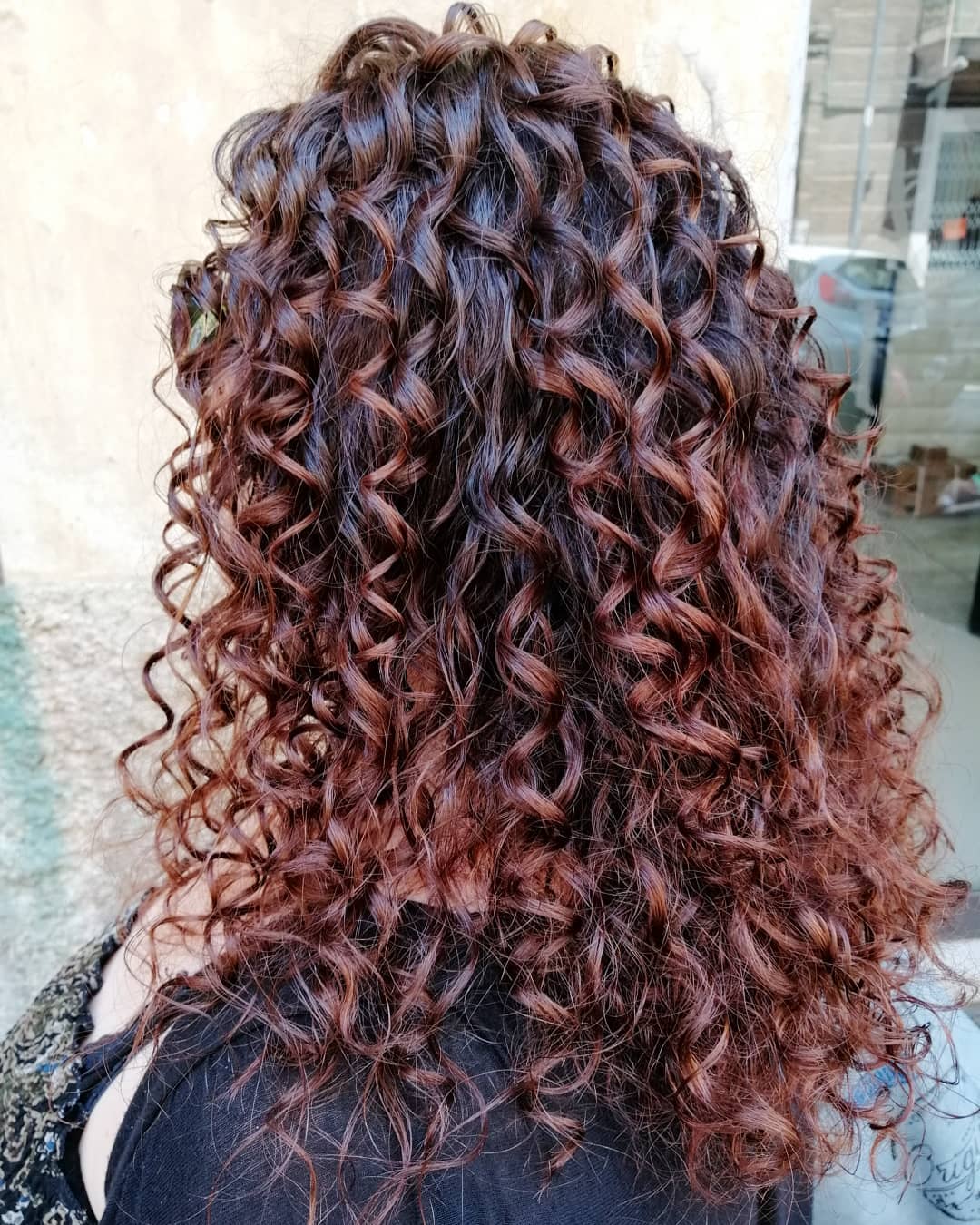 Dynamic Curly Layers with Warm Auburn Highlights