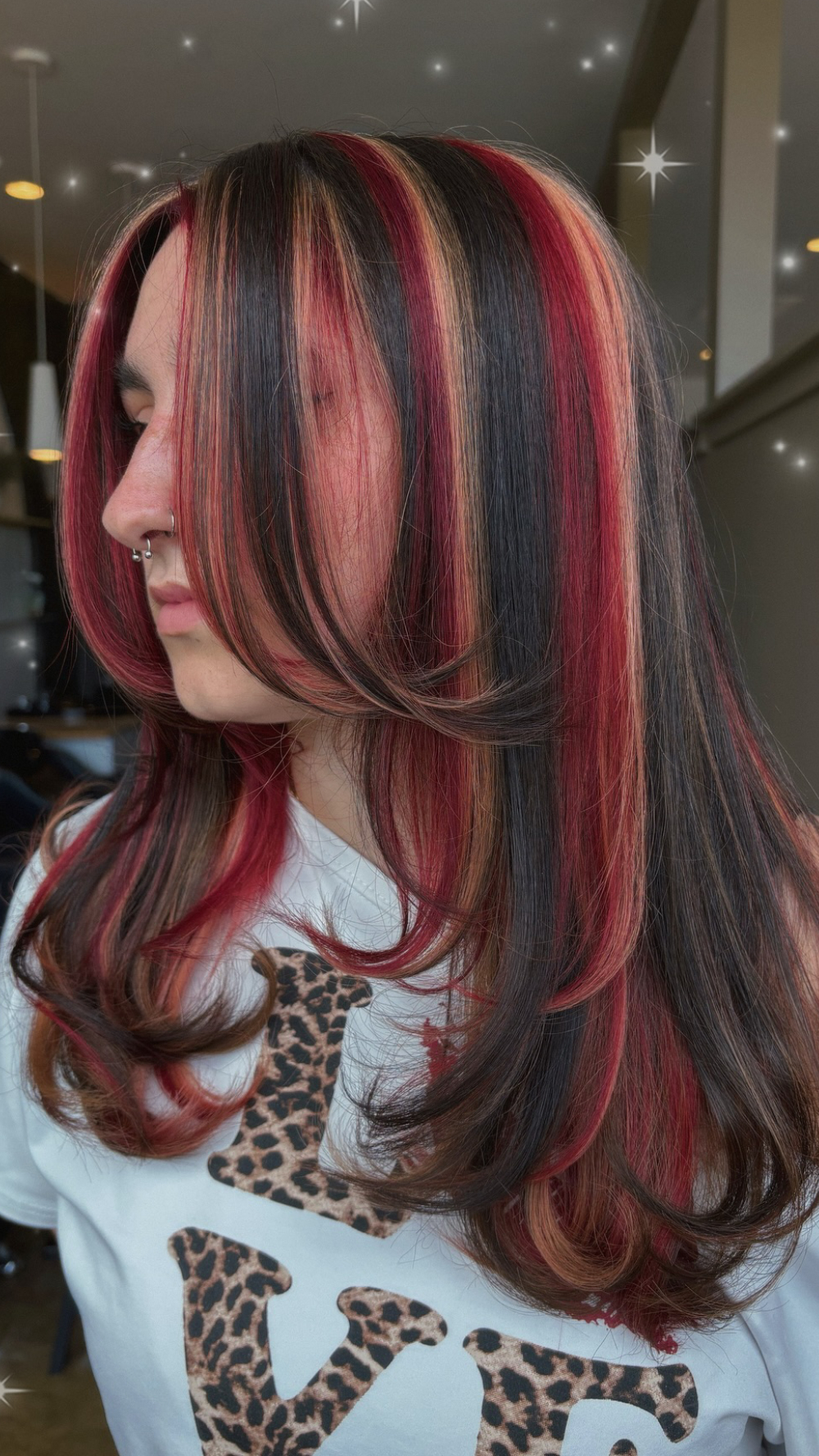 Edgy Long Layers with Bold Red and Blonde Chunky Highlights