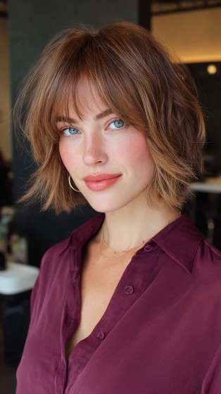 Effortlessly Chic Shaggy Bob with Bangs