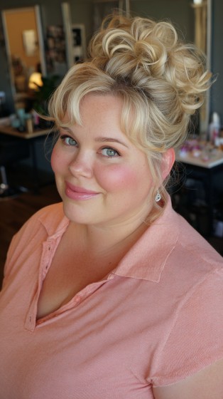 Elegant High Curly Updo with Soft Face-Framing Layers
