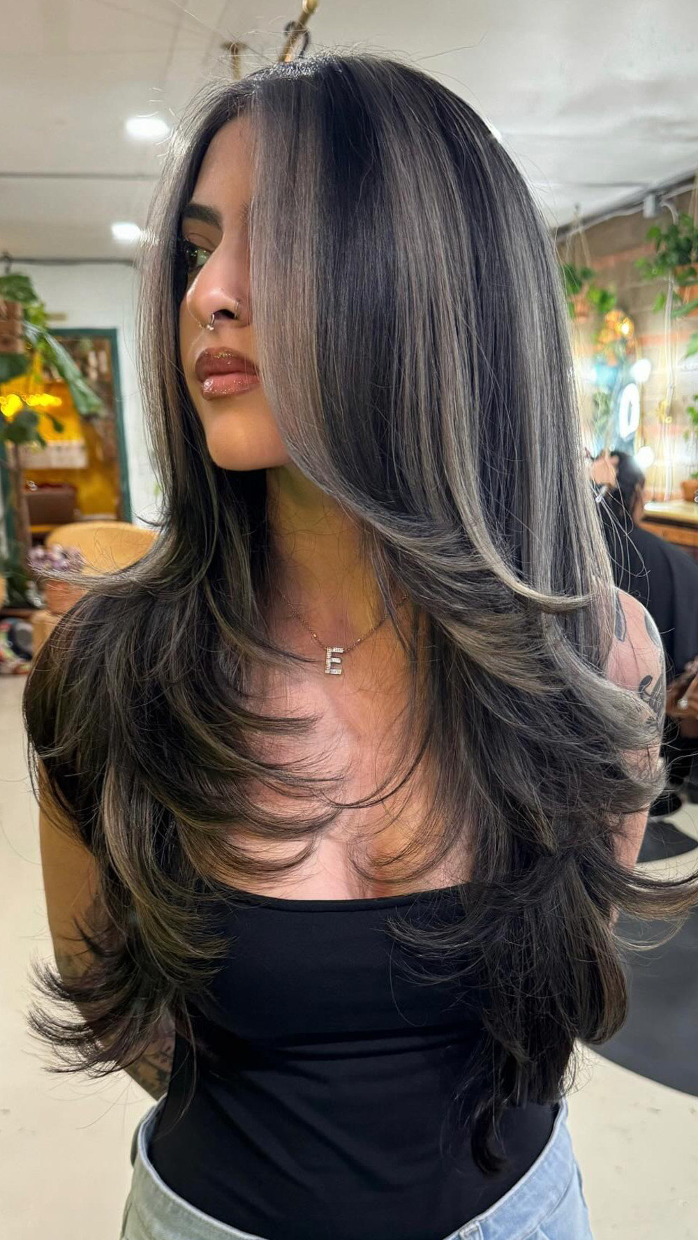 Modern Long Layers with Bold Silver and Black Highlights