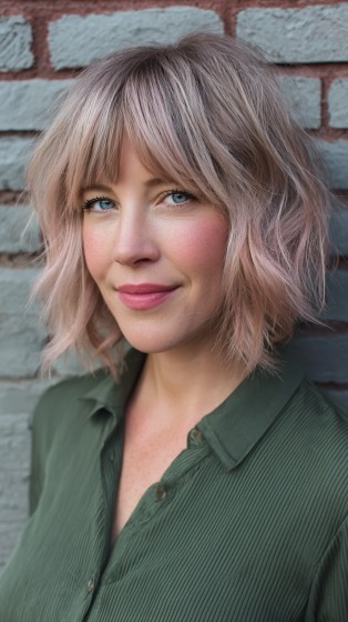 Playful Shaggy Bob with Subtle Pink Highlights