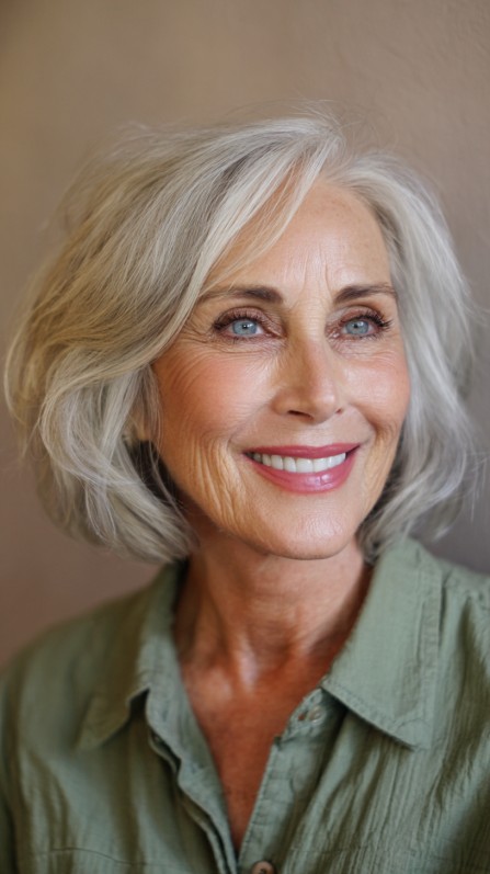 Soft Layered Silver Bob with Face-Framing Highlights
