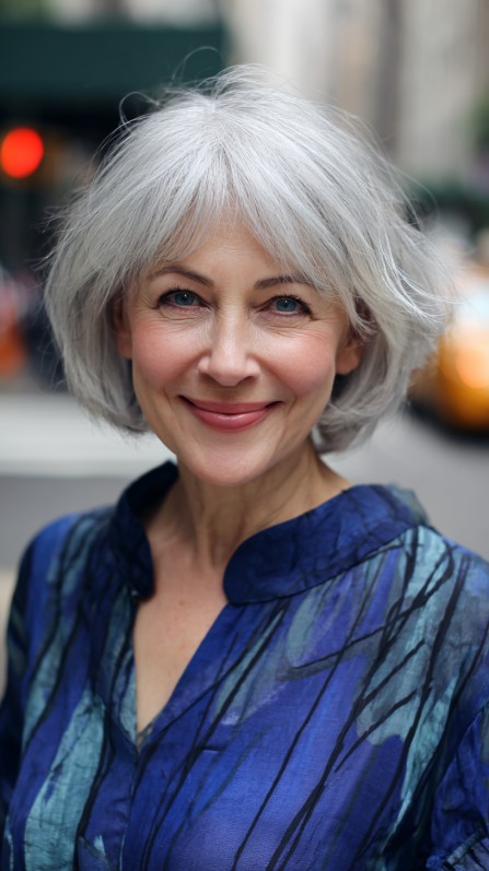 Soft Layered Silver Bob with Face-Framing Volume