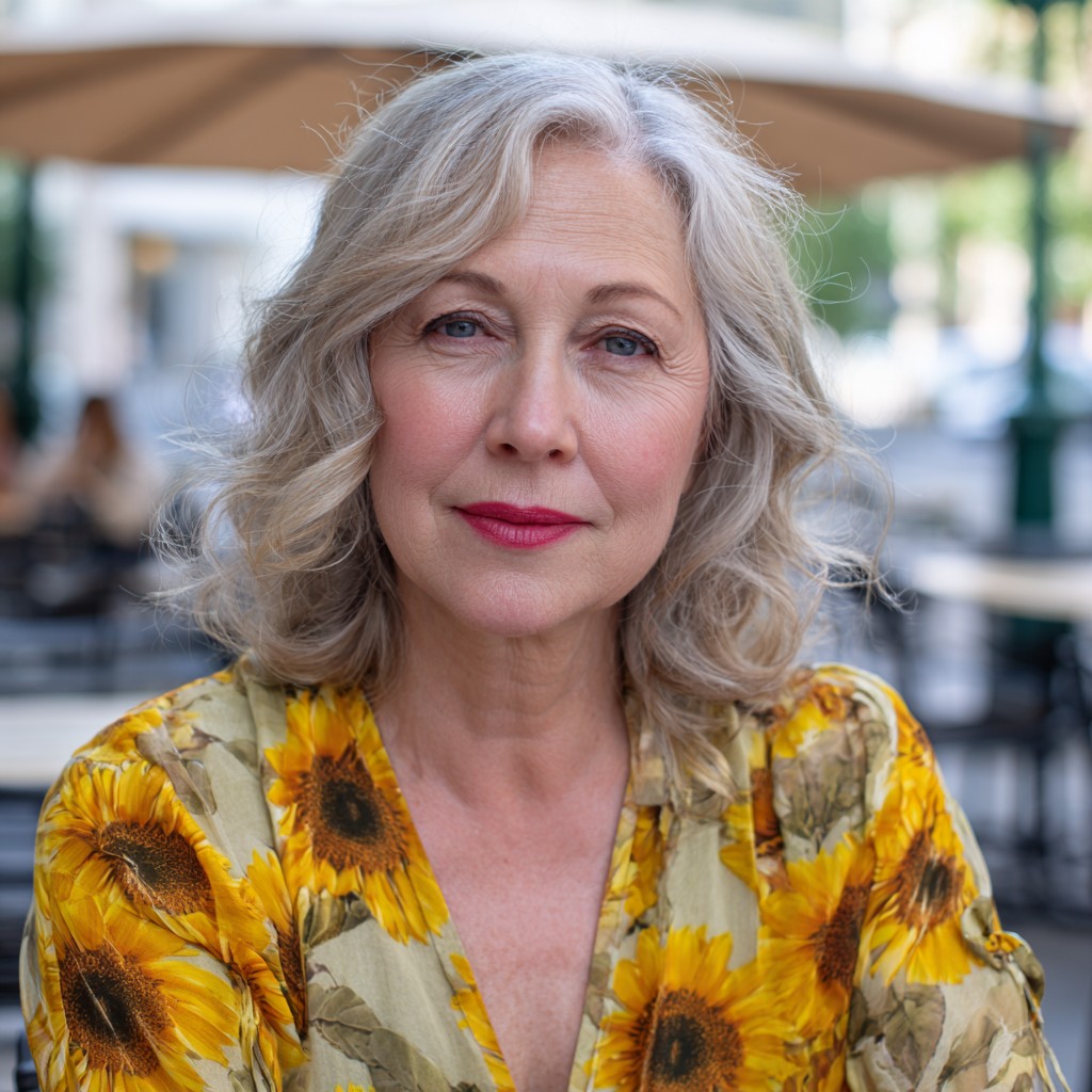 Softly Curled Silver Lob with Subtle Layers