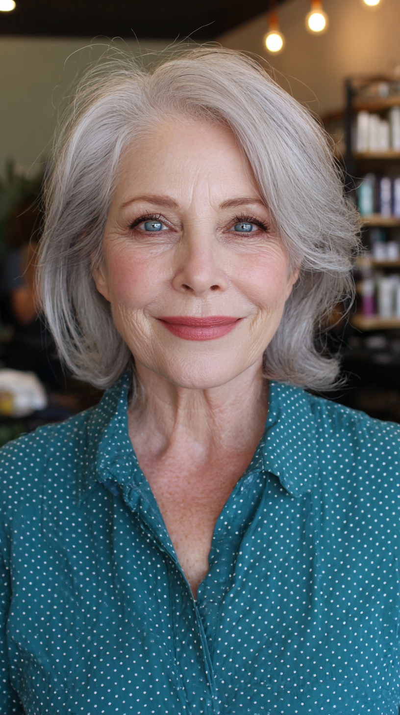 softly layered gray shoulder length cut