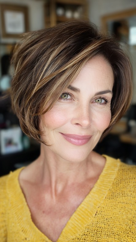 Softly Layered Warm Brown Bob with Subtle Highlights