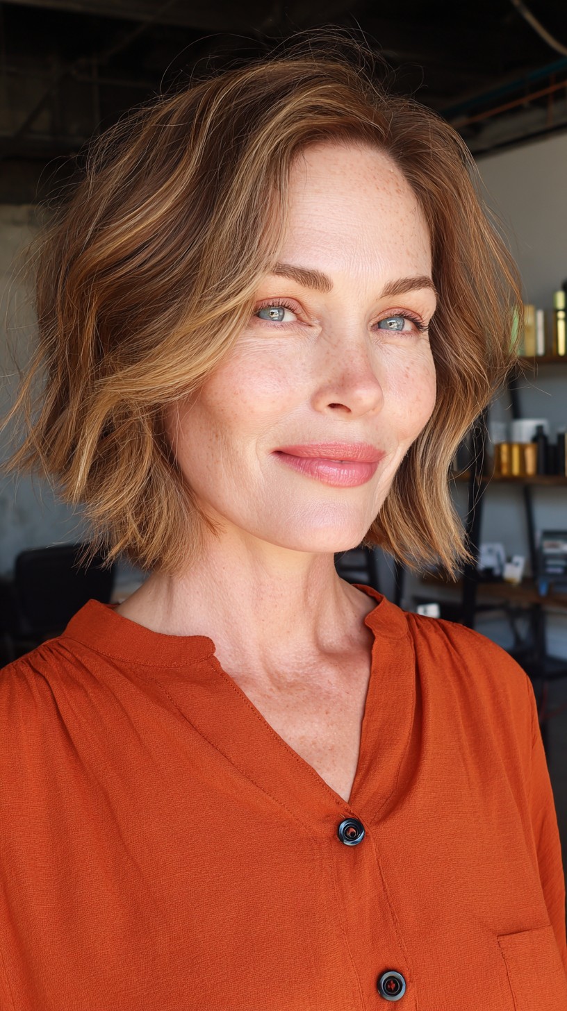 Textured Bob with Warm Highlights and Soft Waves