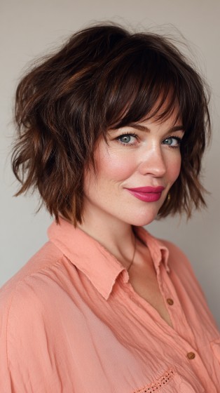 Textured Shaggy Bob with Bold Bangs