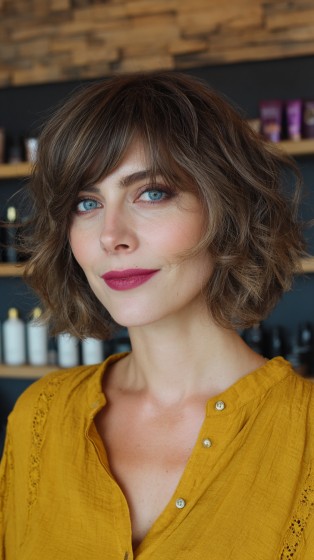 Textured Shaggy Bob with Soft Waves and Bangs