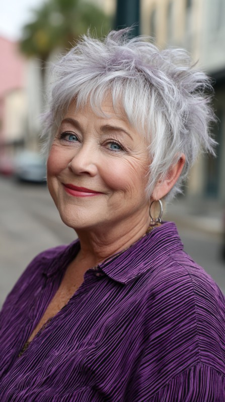Textured Silver Pixie Cut with Lavender Highlights