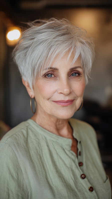 Textured Soft Silver Pixie Cut with Feathered Layers