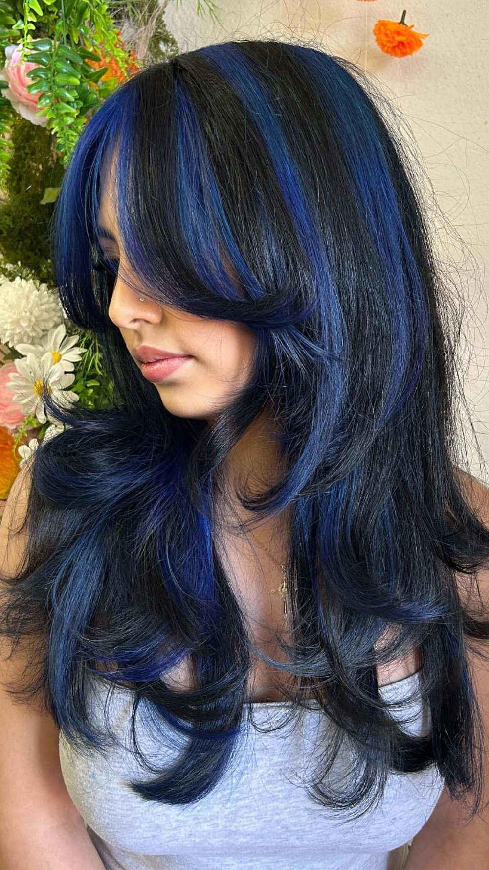 Vibrant Long Layers with Bold Blue Highlights