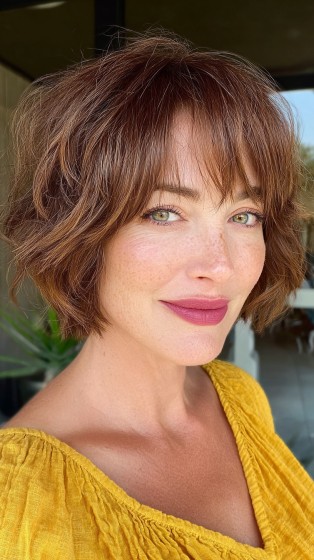 Warm Copper Shaggy Bob with Face-Framing Bangs