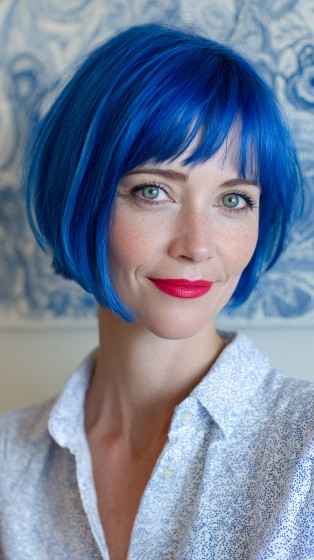 Bold Cobalt Blue Blunt Bob with Subtle Bangs