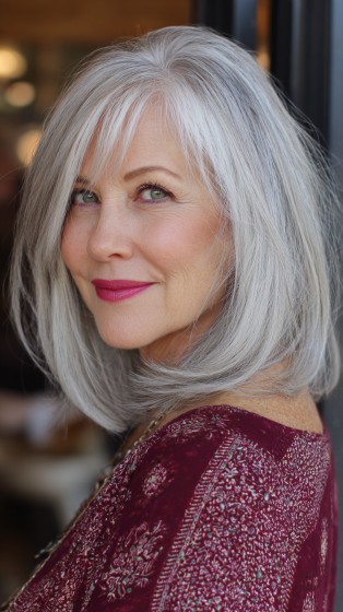 Chic Layered Silver Midi Bob with Face-Framing Bangs