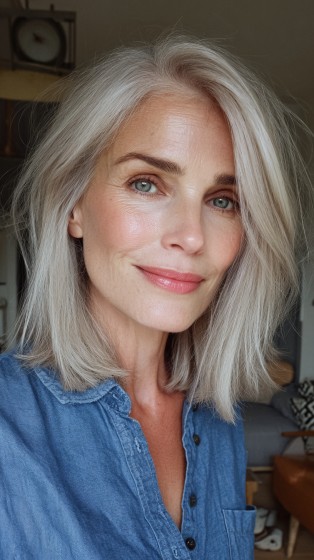 Chic Silver Layered Midi Bob with Soft Movement