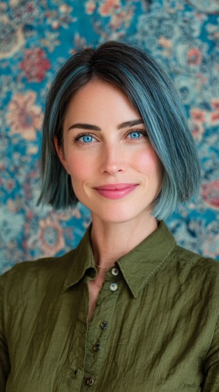 Chic Textured Bob with Icy Blue Highlights