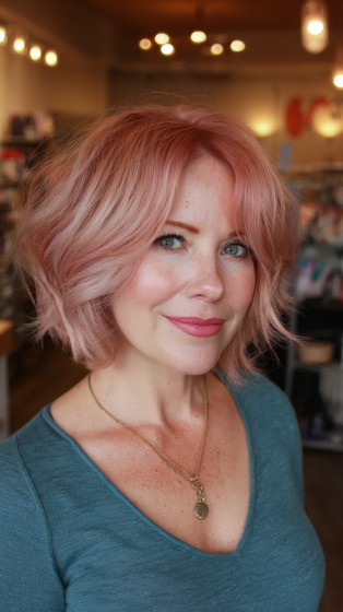 Chic Textured Lob with Soft Blush Highlights