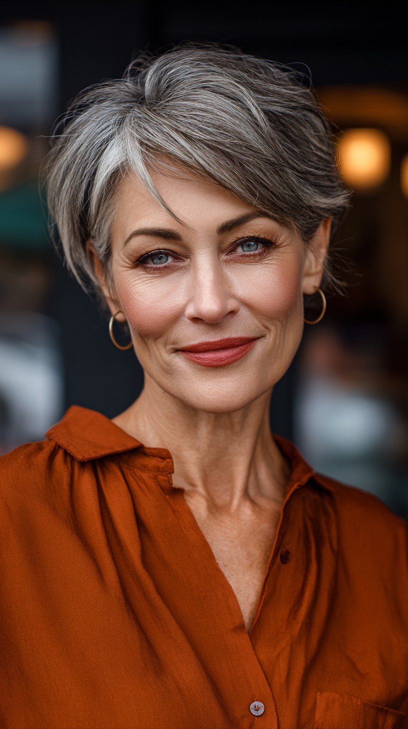 Corte pixie gris corto, texturizado y elegante con capas sutiles