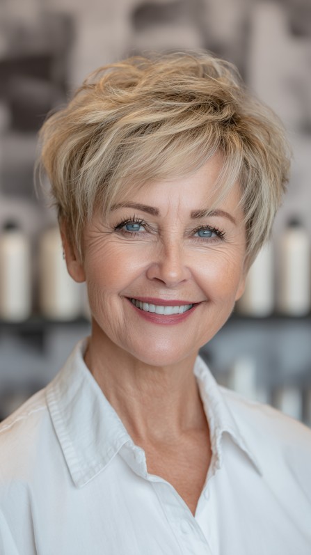 Choppy Textured Pixie Cut with Subtle Blonde Highlights