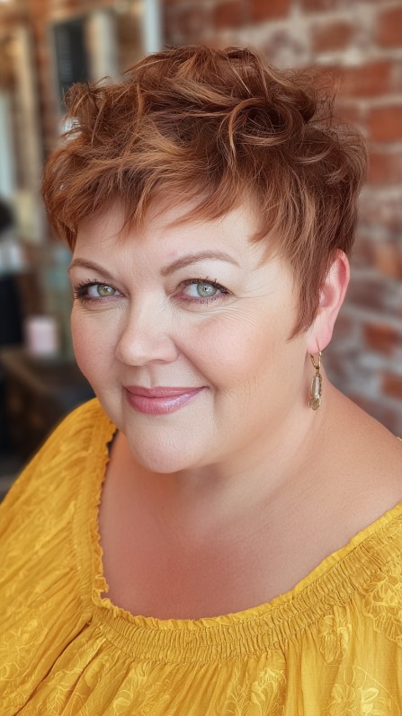 Choppy Textured Pixie Cut with Warm Copper Highlights