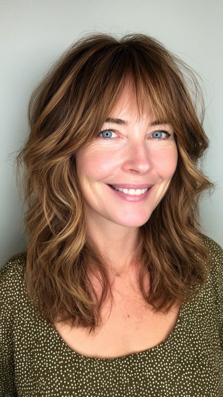 Effortlessly Tousled Medium-Length Waves with Soft Bangs