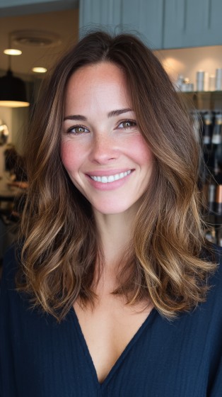 Effortlessly Tousled Mid-Length Waves with Warm Highlights