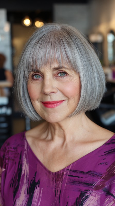 Elegant Silver Bob with Soft Bangs