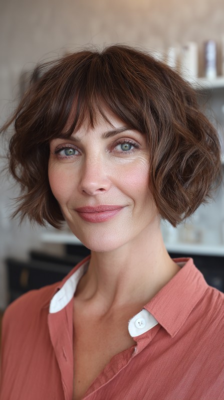 Playful Textured Jaw-Length Bob with Soft Curtain Bangs