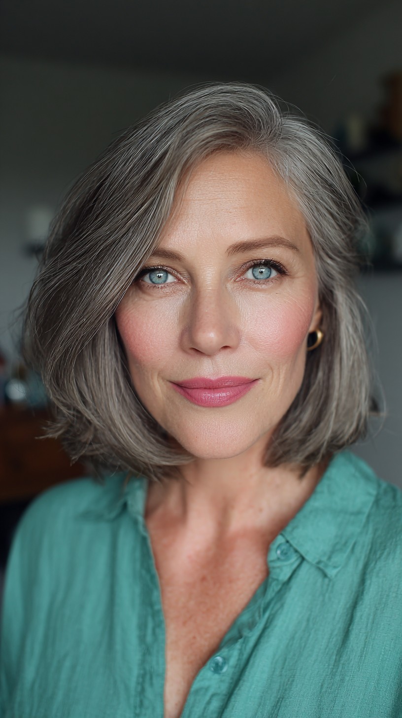 Sleek Silver Stacked Bob with Subtle Volume