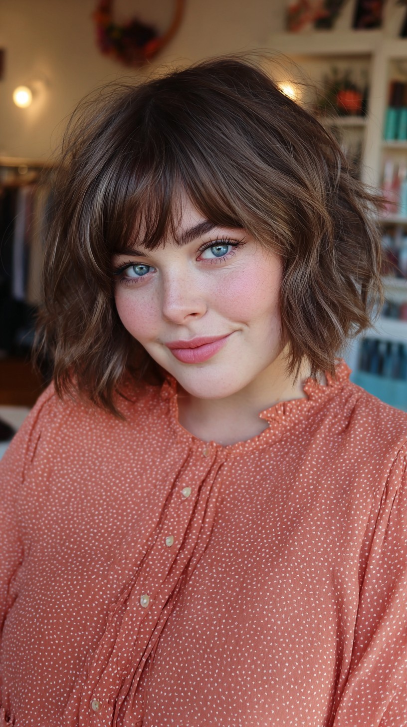 Soft Textured Wavy Bob with Wispy Bangs