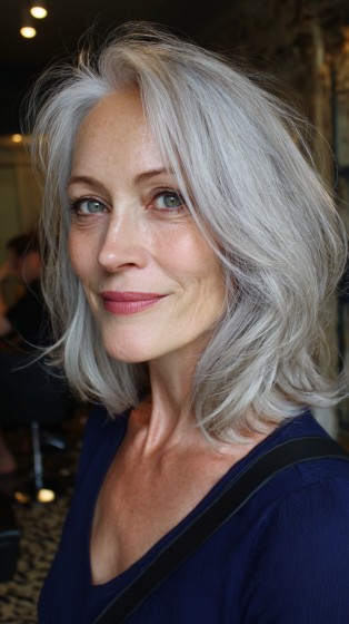 Softly Layered Silver Midi Bob with Natural Movement