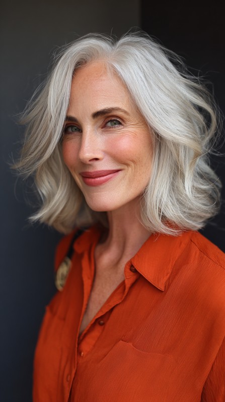 Stylish Silver Wavy Lob with Face-Framing Layers