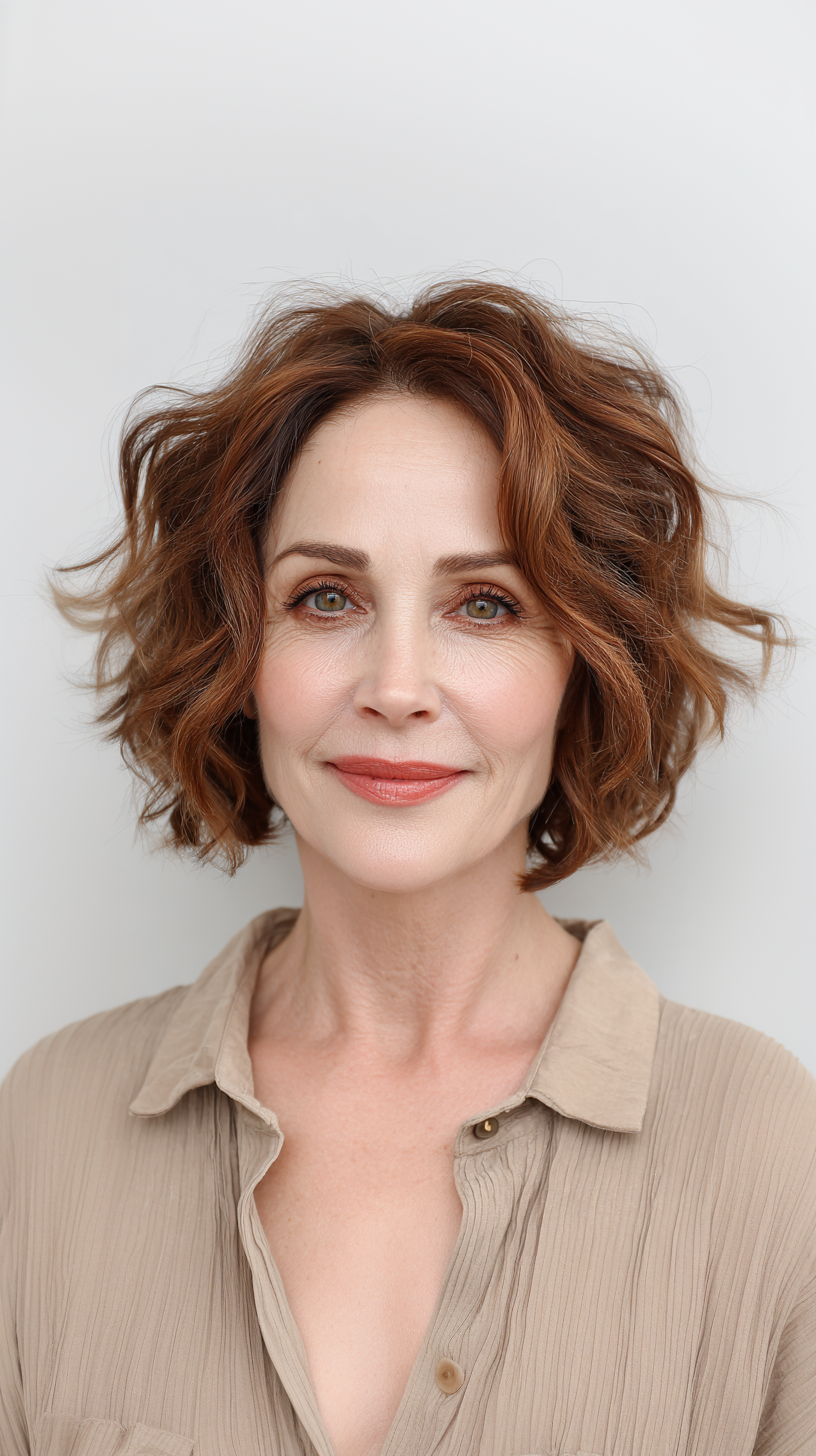 Textured Bob with Soft Curls and Rich Auburn Highlights