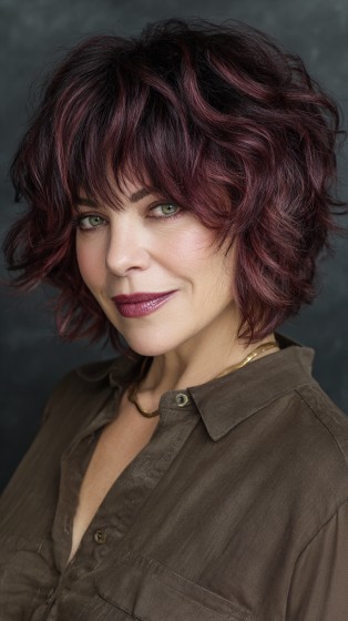 Textured Curly Lob with Deep Burgundy Highlights