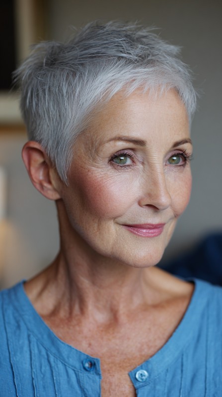 Textured Short Silver Pixie Cut with Delicate Layers