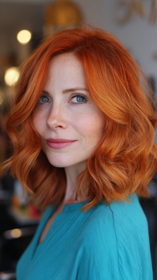 Textured Shoulder-Length Waves with Radiant Copper Highlights