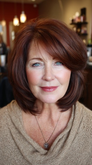 Warm Auburn Layered Midi Bob with Soft Volume