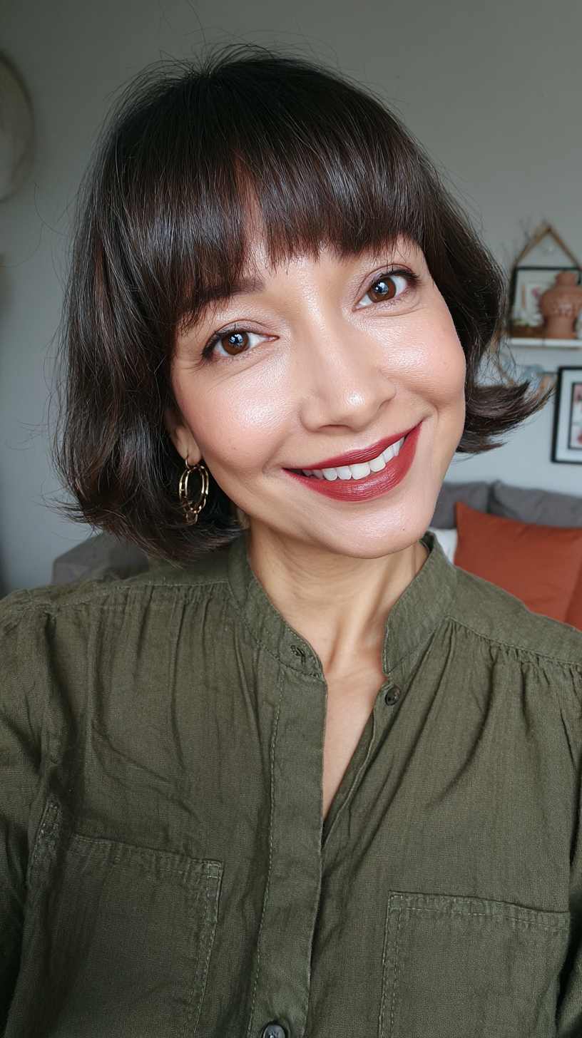 Chic Brunette Bob with Soft Fringe