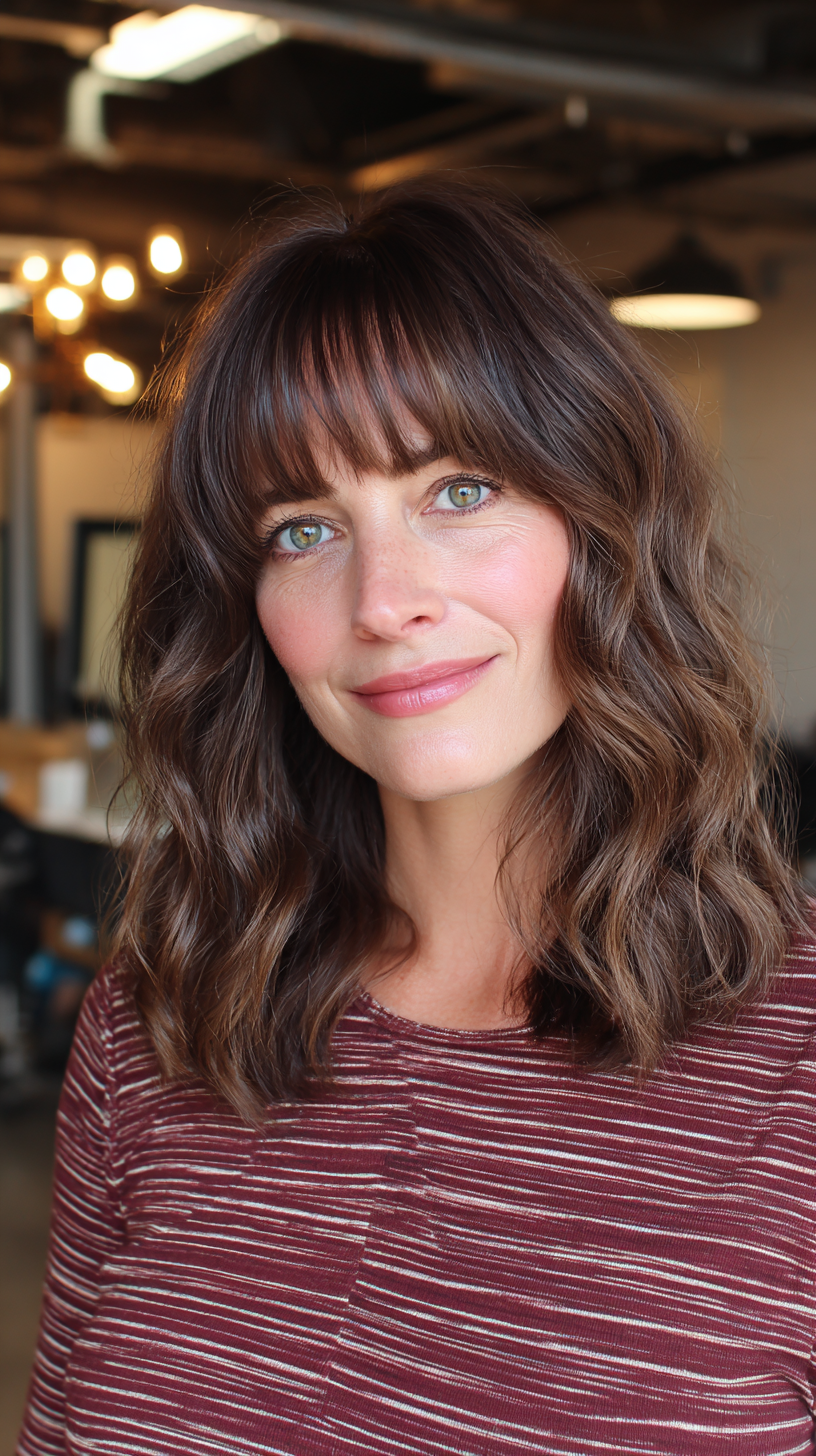 Chic Brunette Waves with Soft Bangs
