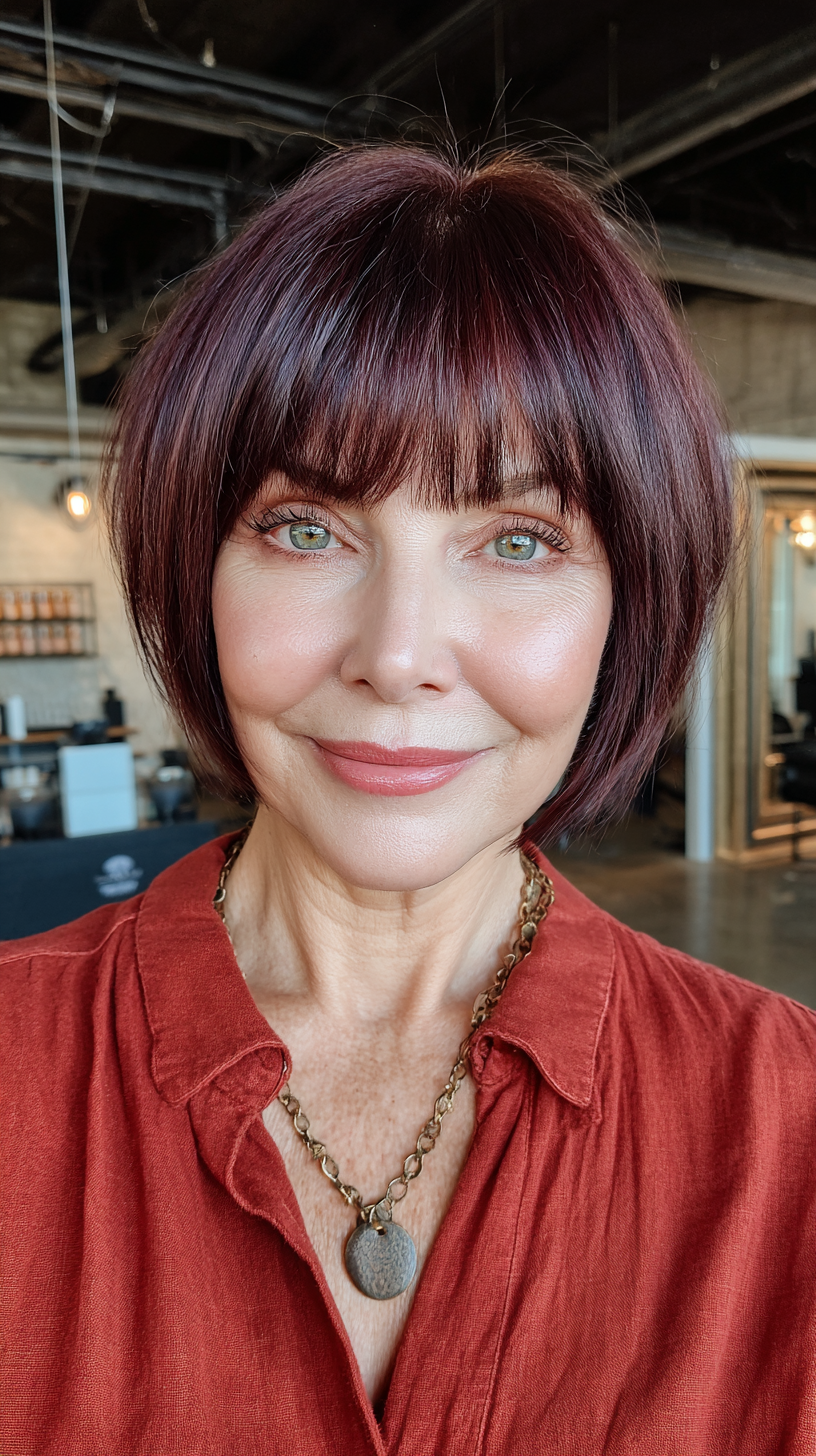Chic Burgundy Bob with Soft Bangs
