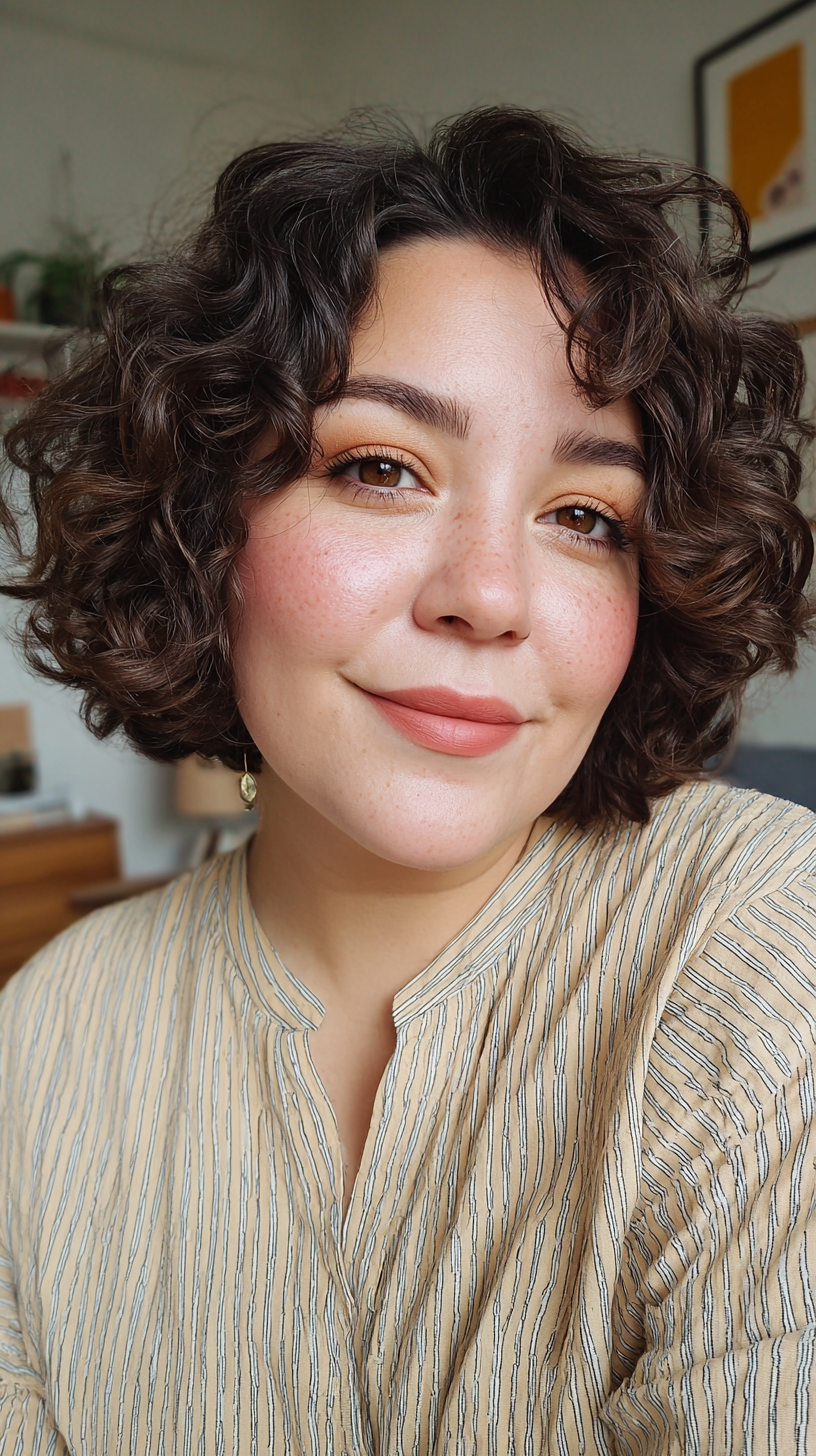 Chic Curly Brunette Bob with Defined Curls