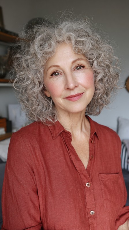 chic curly grey bob with soft layers