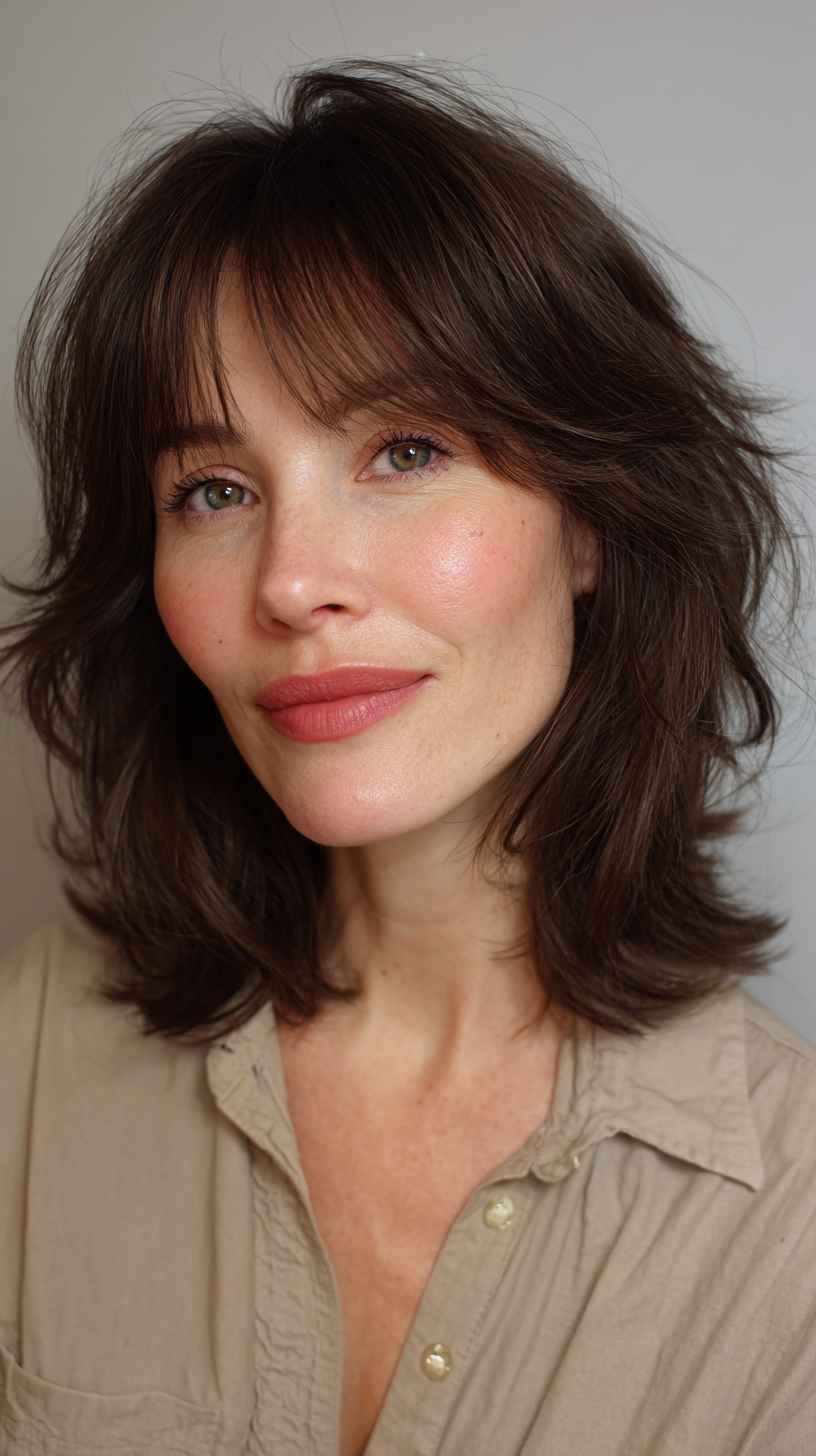 Chic Layered Brunette Cut with Soft Face-Framing Bangs