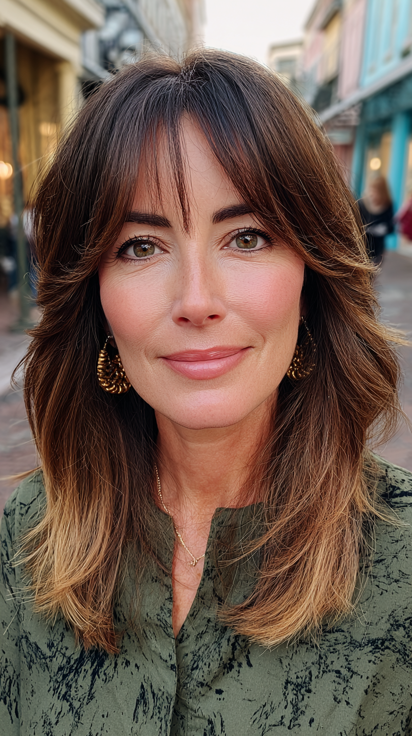 Chic Long Layered Brunette Cut with Face-Framing Bangs