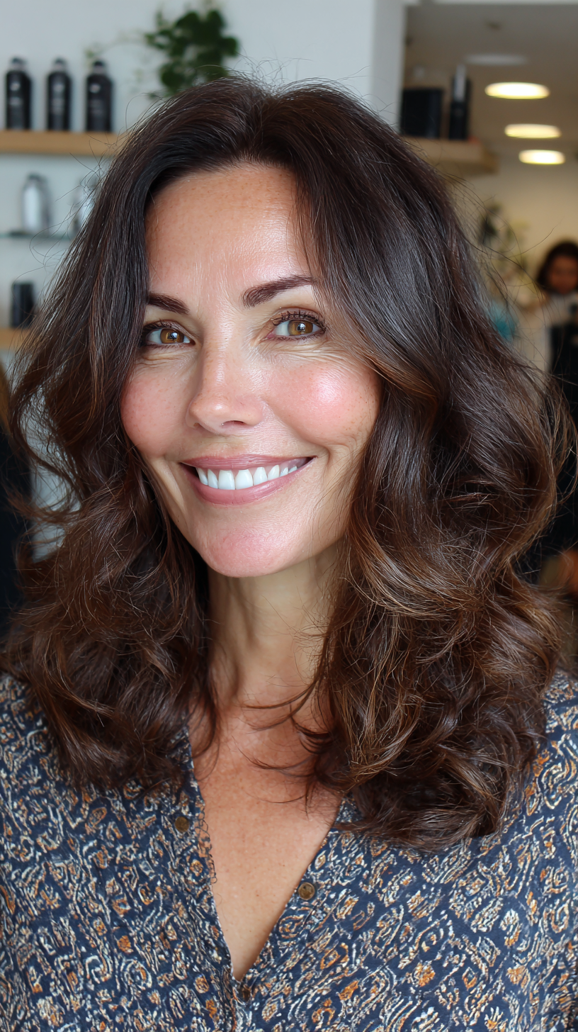 Chic Shoulder-Length Brunette Curls with Subtle Dimension