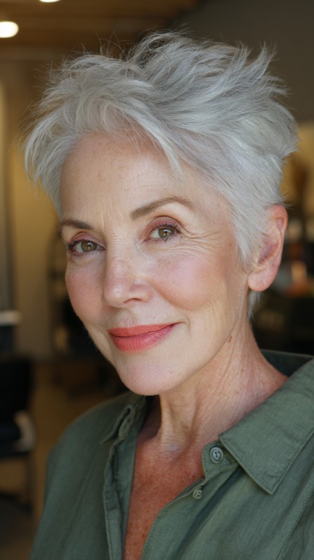 Chic Softly Styled Silver Pixie Cut