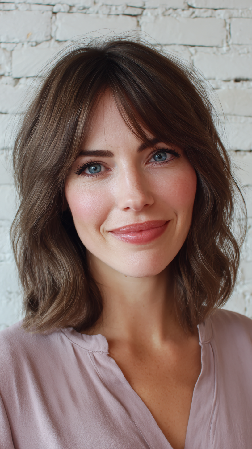 Chic Textured Brunette Waves with Soft Bangs
